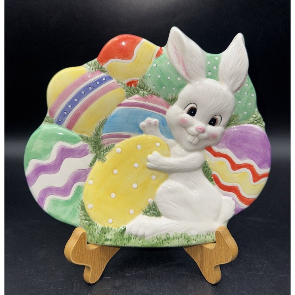 VTG Fitz & Floyd Colorful Ceramic GATHERING EGGS Bunny Rabbit 9” Plate Dish